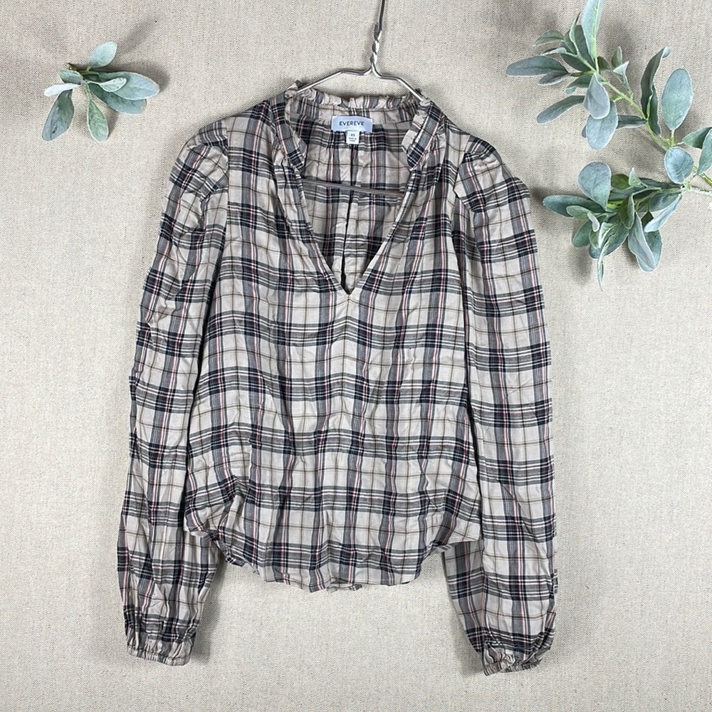 Evereve > Plaid V Neck Blouse Extra Small - Picture 2 of 10